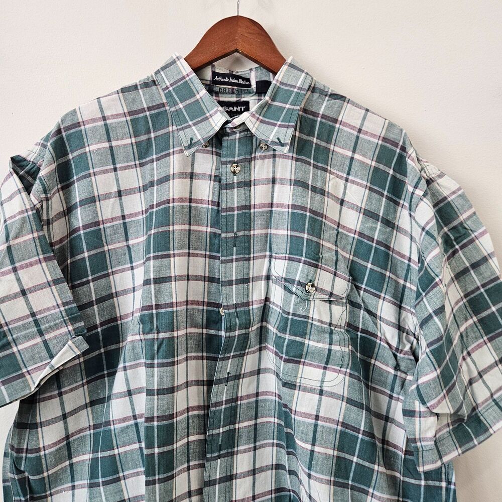 Gant Indian Madras Plaid Button Down Shirt XLT Green Grey Country Preppy Golf - Picture 2 of 10